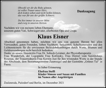 Traueranzeige von Klaus Eisner von Ostthüringer Zeitung