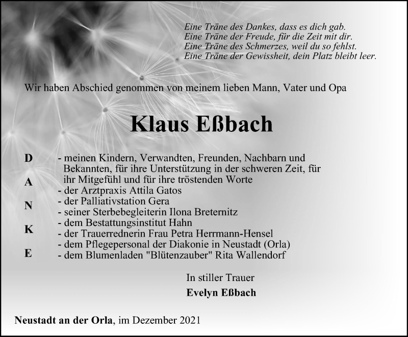  Traueranzeige für Klaus Eßbach vom 31.12.2021 aus Ostthüringer Zeitung