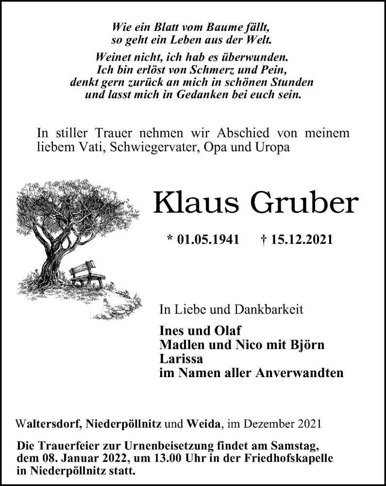  Traueranzeige für Klaus Gruber vom 24.12.2021 aus Ostthüringer Zeitung