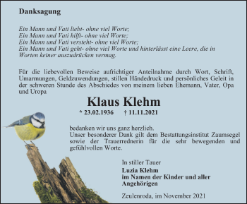 Traueranzeige von Klaus Klehm von Ostthüringer Zeitung