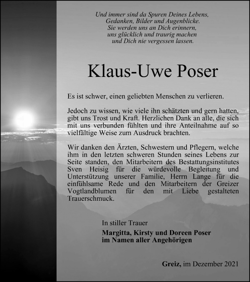  Traueranzeige für Klaus-Uwe Poser vom 17.12.2021 aus Ostthüringer Zeitung