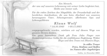 Traueranzeige von Klaus Wolf