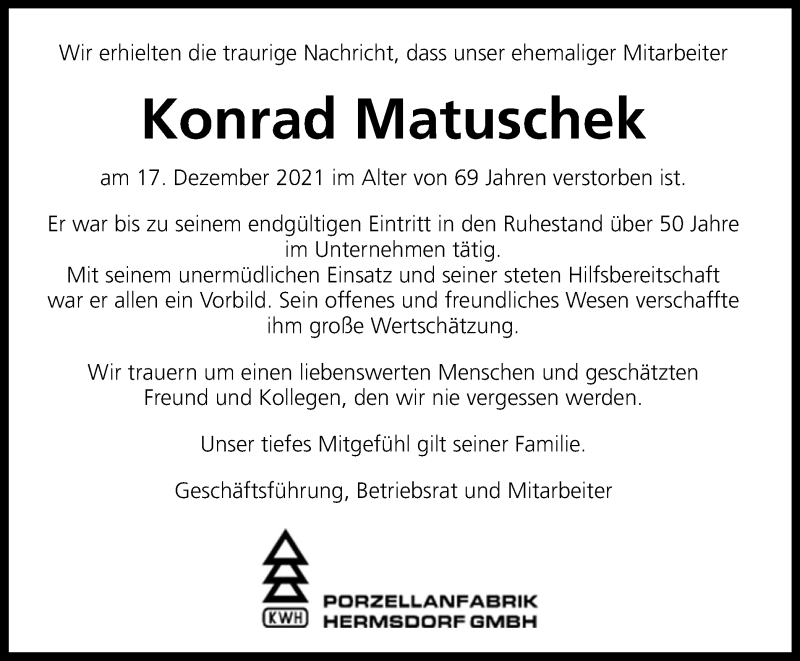  Traueranzeige für Konrad Matuschek vom 31.12.2021 aus Ostthüringer Zeitung