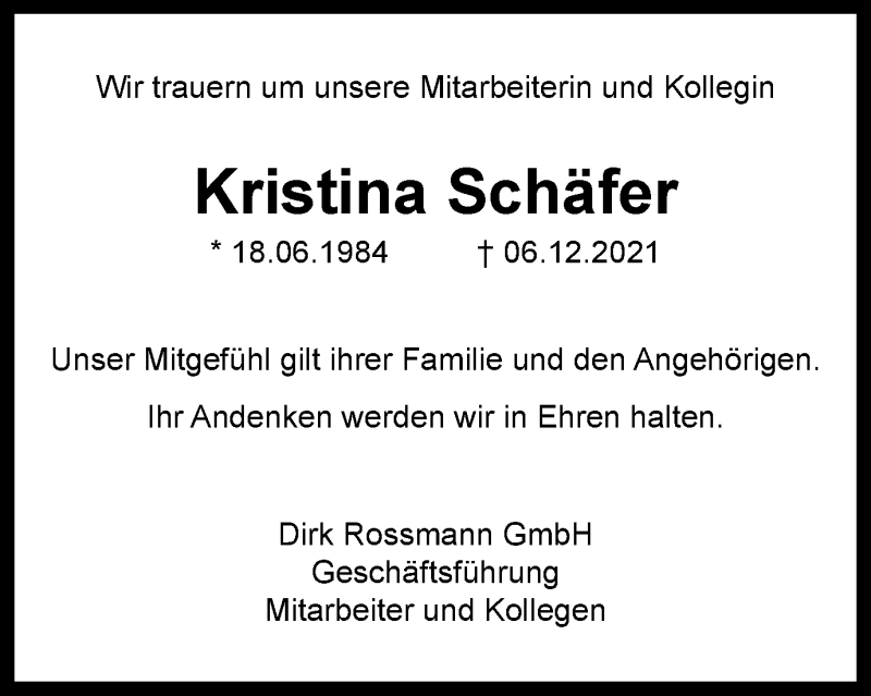  Traueranzeige für Kristina Schäfer vom 11.12.2021 aus Thüringer Allgemeine