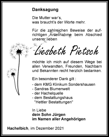 Traueranzeige von Liesbeth Pietsch von Thüringer Allgemeine