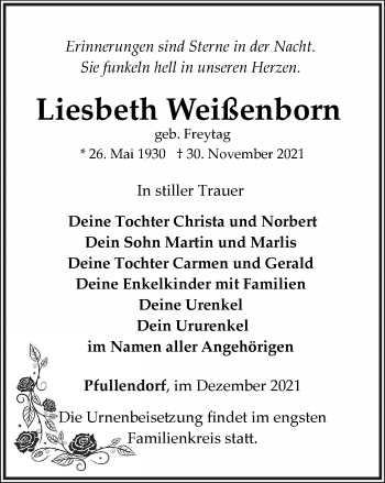 Traueranzeige von Liesbeth Weißenborn