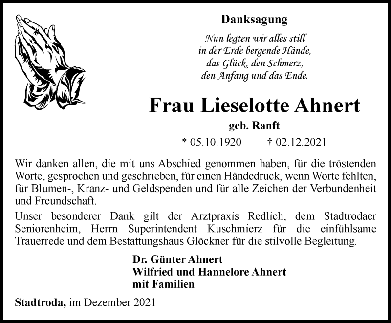  Traueranzeige für Lieselotte Ahnert vom 31.12.2021 aus Ostthüringer Zeitung
