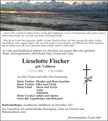 Traueranzeige von Lieselotte Fischer von Thüringer Allgemeine, Thüringische Landeszeitung