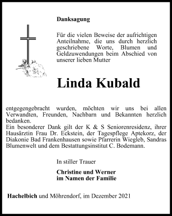 Traueranzeige von Linda Kubald