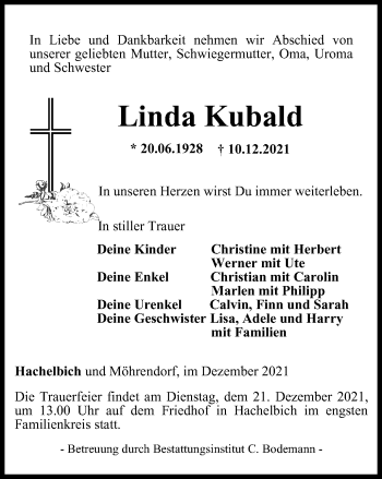 Traueranzeige von Linda Kubald