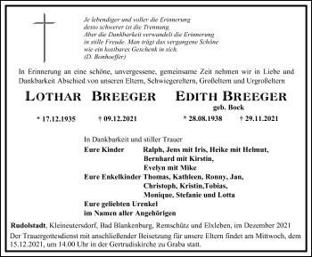 Traueranzeige von Lothar und Edith Breeger