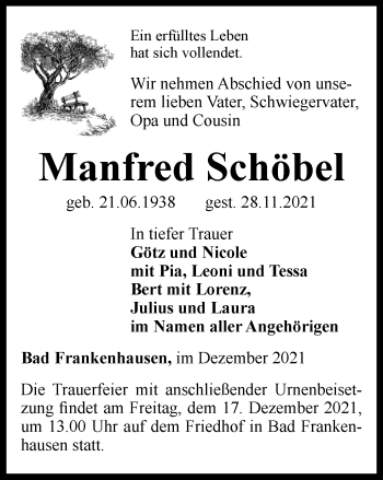 Traueranzeige von Manfred Schöbel von Thüringer Allgemeine