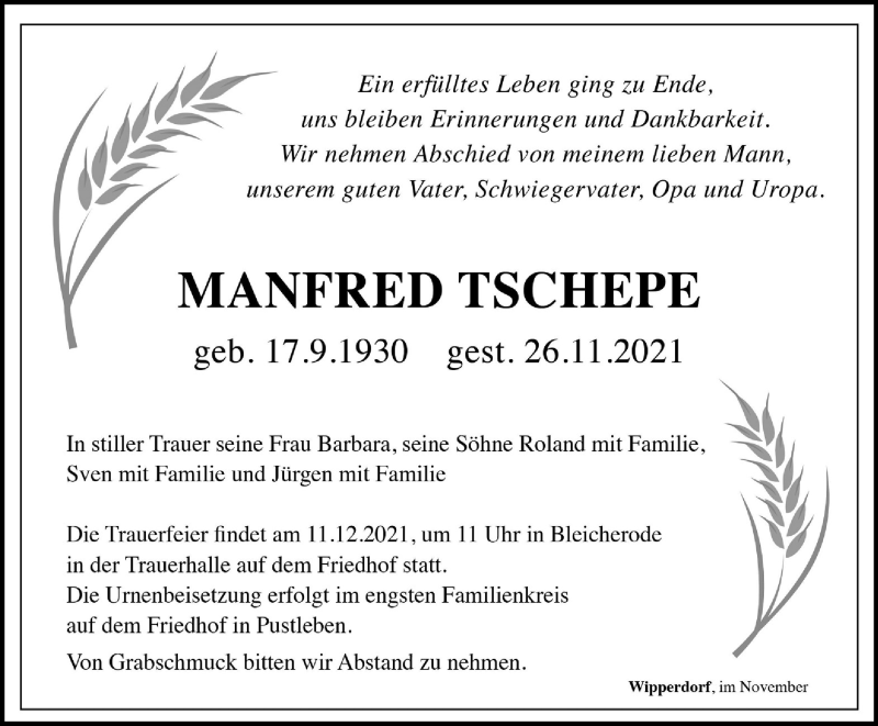  Traueranzeige für Manfred Tschepe vom 04.12.2021 aus Thüringer Allgemeine