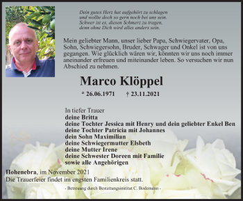 Traueranzeige von Marco Klöppel