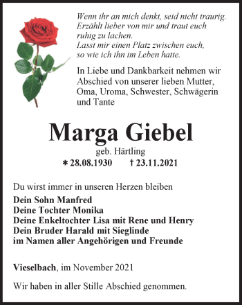 Traueranzeige von Marga Giebel von Thüringer Allgemeine, Thüringische Landeszeitung