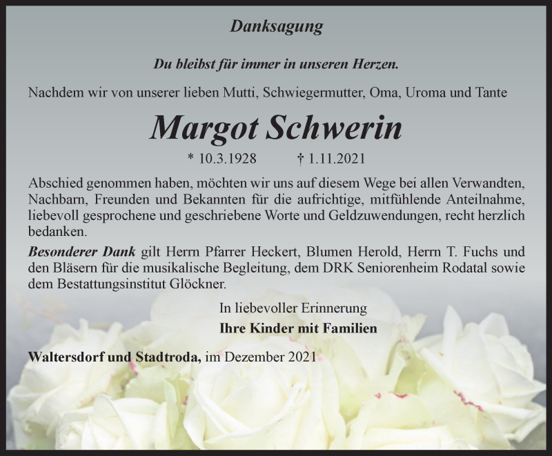  Traueranzeige für Margot Schwerin vom 31.12.2021 aus Ostthüringer Zeitung