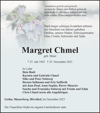 Traueranzeige von Margret Chmel