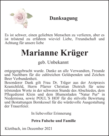 Traueranzeige von Marianne Krüger von Thüringer Allgemeine, Thüringische Landeszeitung