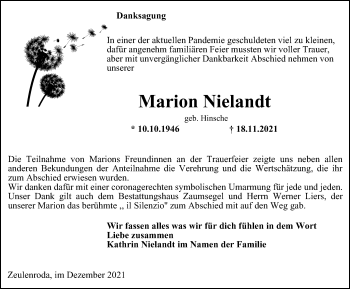 Traueranzeige von Marion Nielandt von Ostthüringer Zeitung