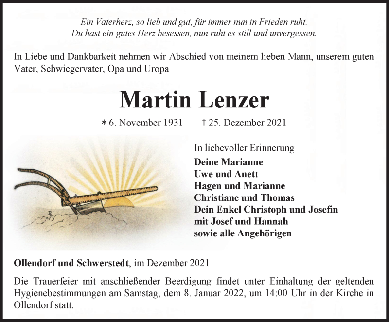  Traueranzeige für Martin Lenzer vom 31.12.2021 aus Thüringer Allgemeine, Thüringische Landeszeitung