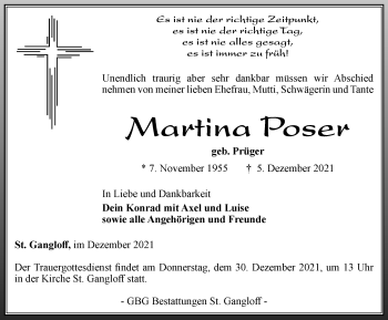 Traueranzeige von Martina Poser von Ostthüringer Zeitung