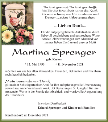 Traueranzeige von Martina Sprenger von Ostthüringer Zeitung