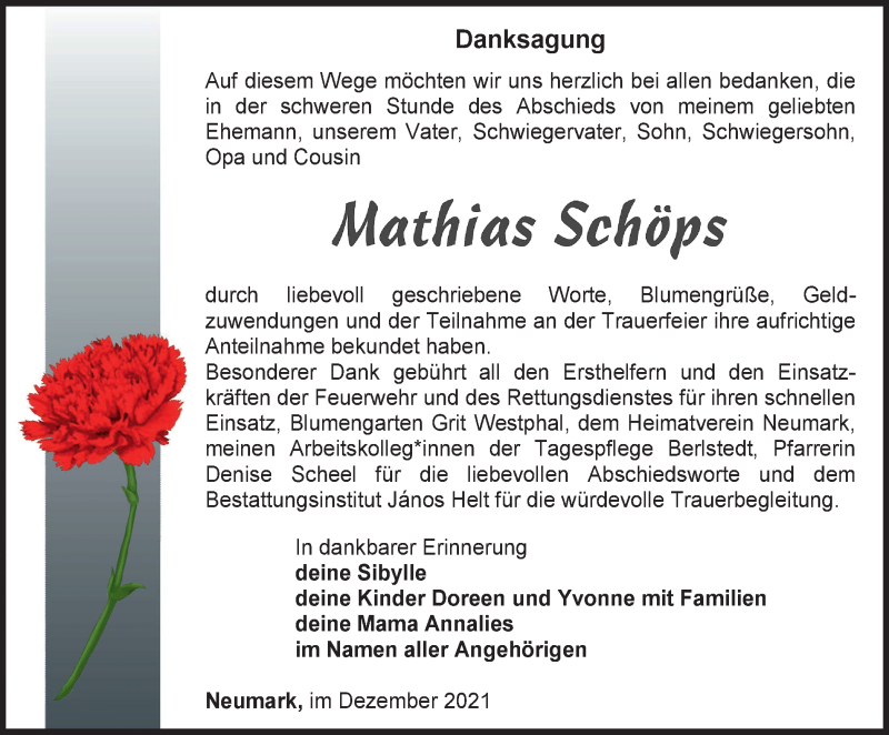  Traueranzeige für Mathias Schöps vom 18.12.2021 aus Thüringer Allgemeine, Thüringische Landeszeitung