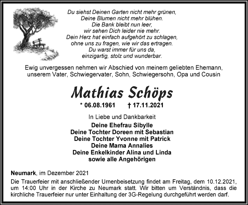  Traueranzeige für Mathias Schöps vom 04.12.2021 aus Thüringer Allgemeine, Thüringische Landeszeitung