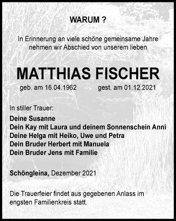 Traueranzeige von Matthias Fischer von Ostthüringer Zeitung