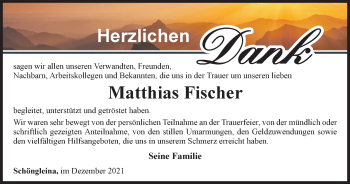 Traueranzeige von Matthias Fischer von Ostthüringer Zeitung