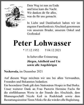 Traueranzeige von Peter Lohwasser von Thüringer Allgemeine, Thüringische Landeszeitung