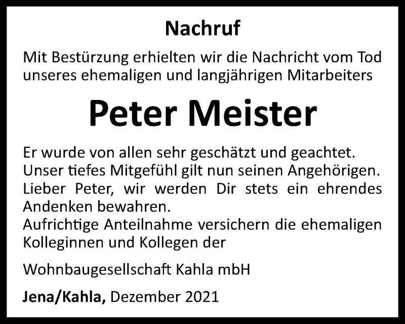  Traueranzeige für Peter Meister vom 31.12.2021 aus Ostthüringer Zeitung
