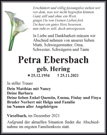 Traueranzeige von Petra Ebersbach von Thüringer Allgemeine, Thüringische Landeszeitung