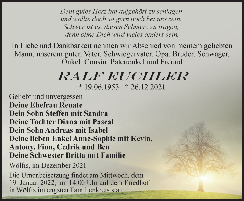  Traueranzeige für Ralf Euchler vom 31.12.2021 aus Thüringer Allgemeine, Thüringische Landeszeitung