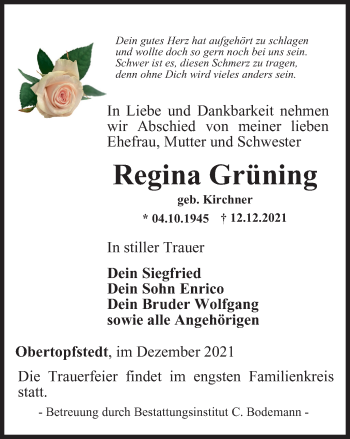 Traueranzeige von Regina Grüning