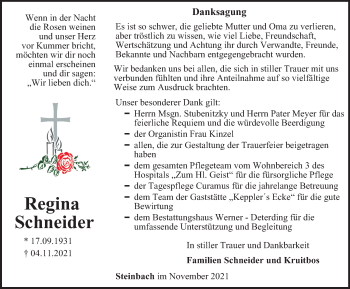 Traueranzeige von Regina Schneider von Thüringer Allgemeine