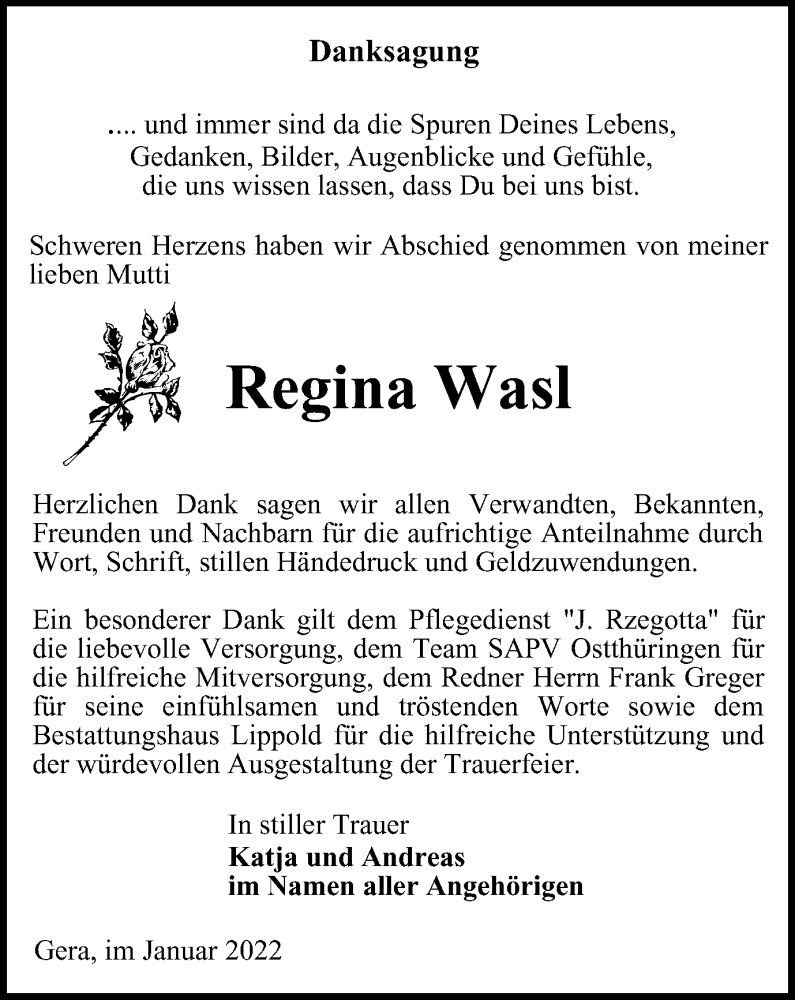  Traueranzeige für Regina Wasl vom 31.12.2021 aus Ostthüringer Zeitung