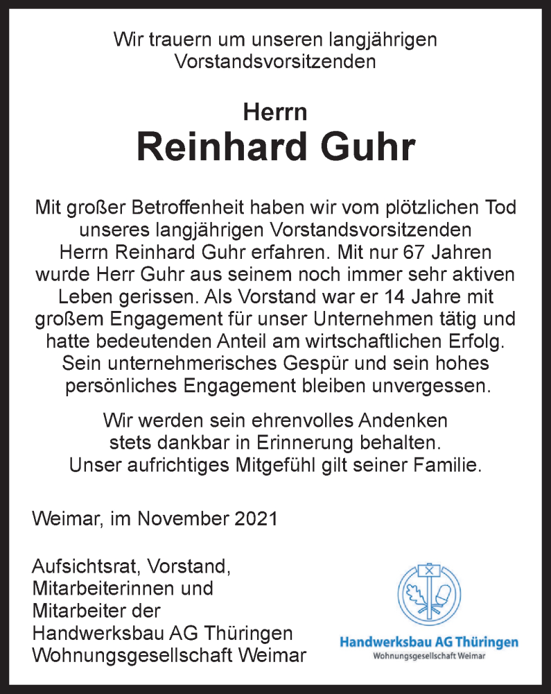  Traueranzeige für Reinhard Guhr vom 11.12.2021 aus Thüringer Allgemeine, Thüringische Landeszeitung