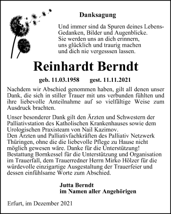 Traueranzeige von Reinhardt Berndt von Thüringer Allgemeine, Thüringische Landeszeitung