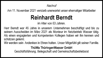 Traueranzeige von Reinhardt Berndt von Thüringer Allgemeine, Thüringische Landeszeitung