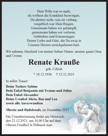 Traueranzeige von Renate Krauße von Ostthüringer Zeitung