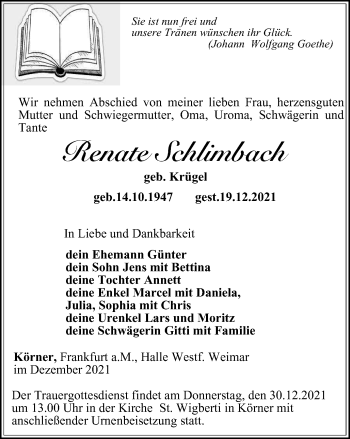 Traueranzeige von Renate Schlimbach von Thüringer Allgemeine, Thüringische Landeszeitung