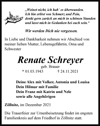 Traueranzeige von Renate Schreyer von Ostthüringer Zeitung