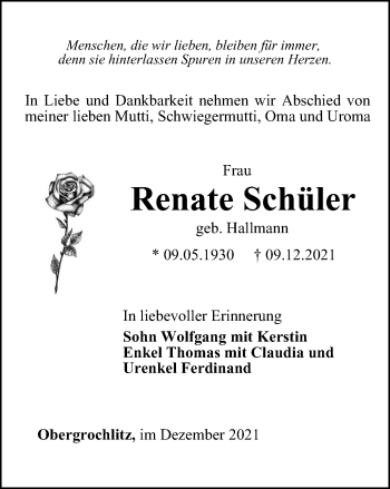 Traueranzeige von Renate Schüler von Ostthüringer Zeitung