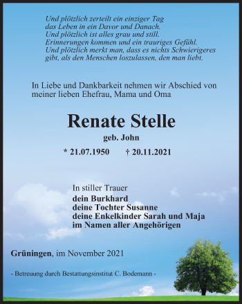 Traueranzeige von Renate Stelle