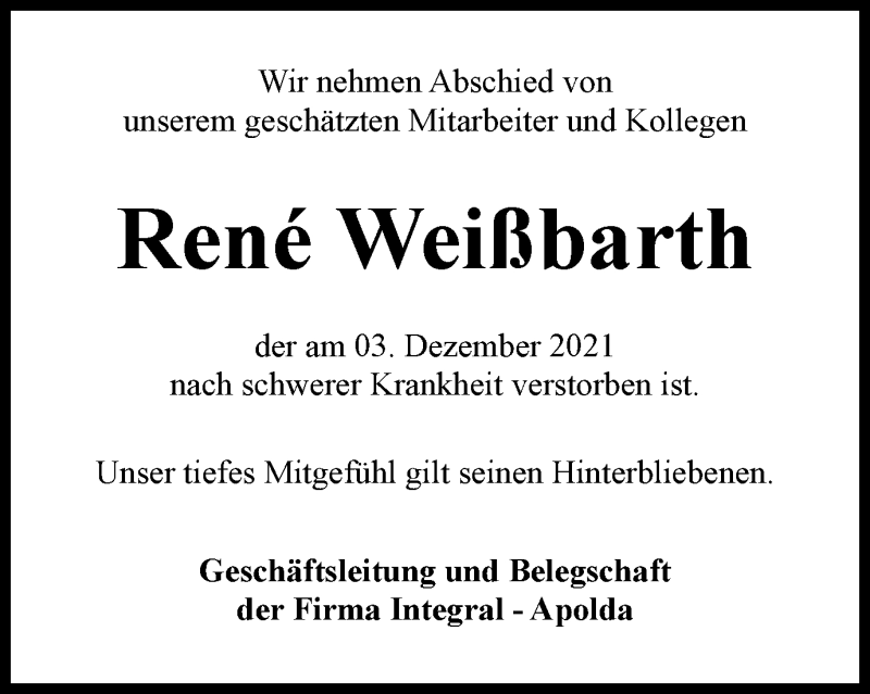  Traueranzeige für René Weißbarth vom 31.12.2021 aus Thüringer Allgemeine