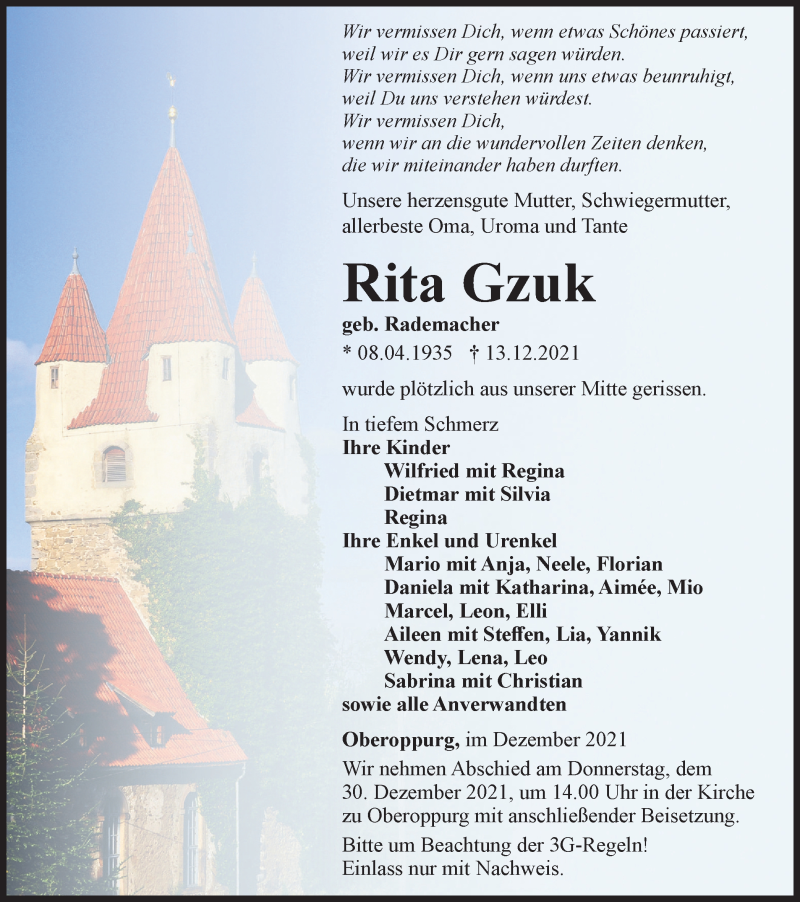  Traueranzeige für Rita Gzuk vom 24.12.2021 aus Ostthüringer Zeitung