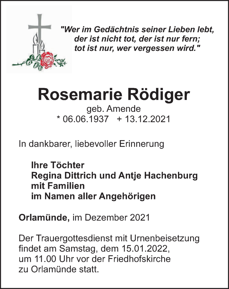  Traueranzeige für Rosemarie Rödiger vom 31.12.2021 aus Ostthüringer Zeitung, Thüringische Landeszeitung