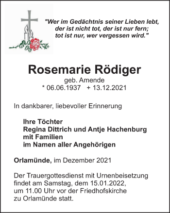 Traueranzeige von Rosemarie Rödiger von Ostthüringer Zeitung, Thüringische Landeszeitung