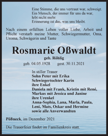 Traueranzeige von Rosmarie Oßwaldt von Ostthüringer Zeitung